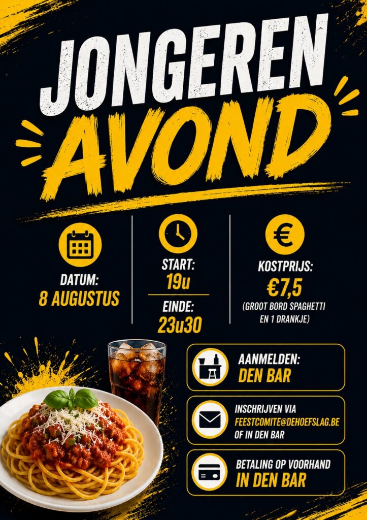De affiche van de jongerenavond die op zaterdag 08/08/2026 doorgaat. 
